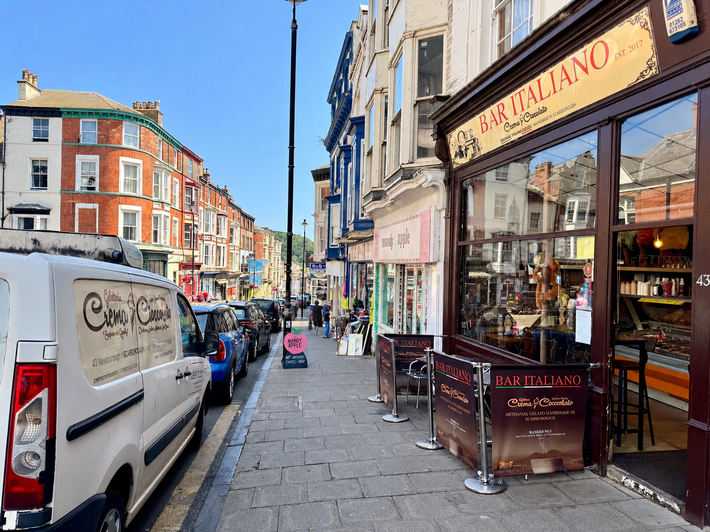 The Bar Italiano shopfront at 43 Newborough, Scarborough, with the Crema e Cioccolato van